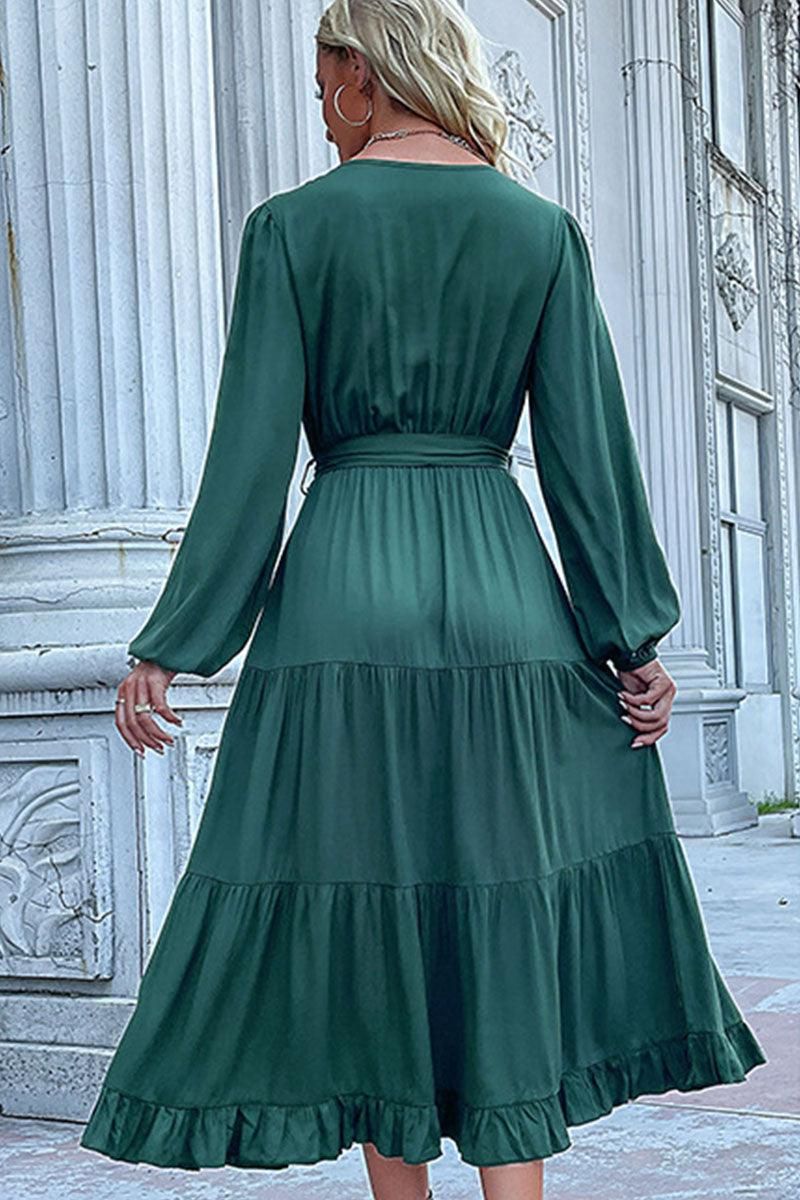 V NECK DRAWSTRING WAIST RUFFLED LONG DRESS - Doublju