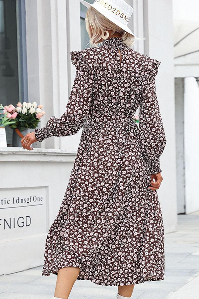 HIGH NECK FLORAL PATTERNED LONG DRESS - Doublju