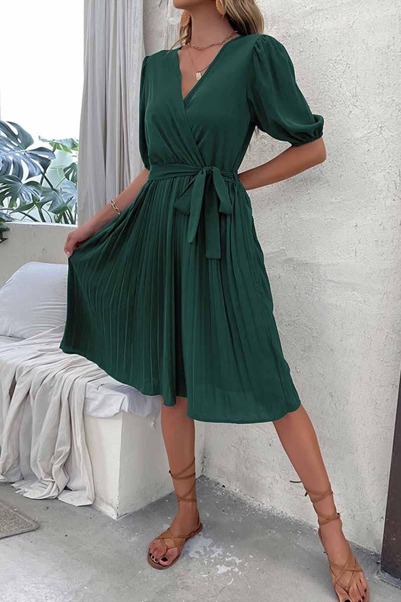 PUFF SHOULDER V NECK GREEN PLEATED DRESS - Doublju