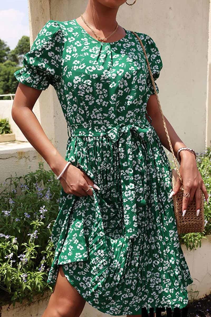 FRORAL TIED WAIST PLEATED PUFF SHOULDER DRESS - Doublju