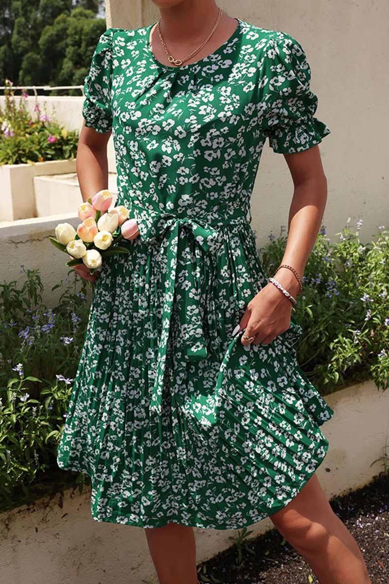 FRORAL TIED WAIST PLEATED PUFF SHOULDER DRESS - Doublju