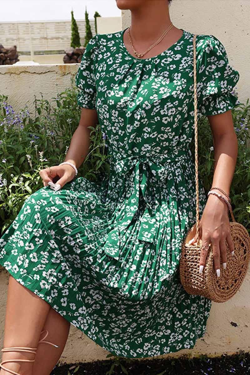 FRORAL TIED WAIST PLEATED PUFF SHOULDER DRESS - Doublju