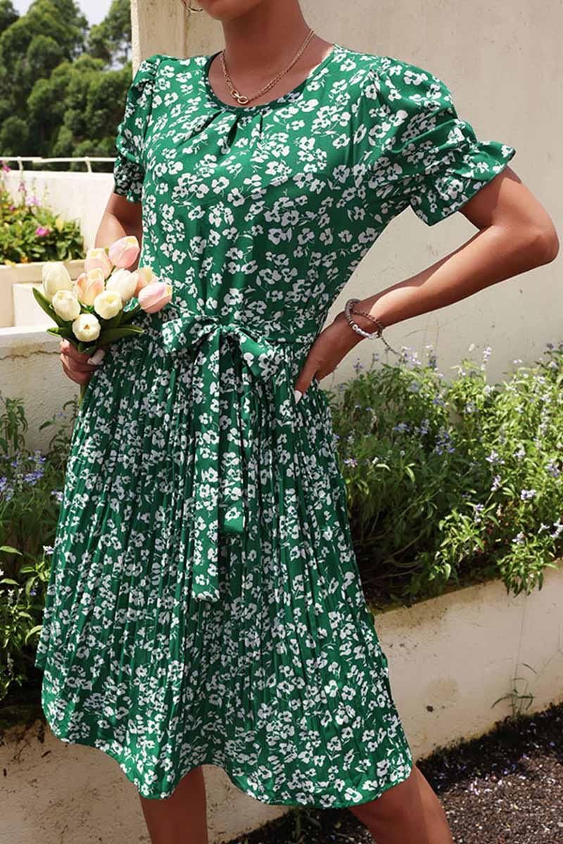 FRORAL TIED WAIST PLEATED PUFF SHOULDER DRESS - Doublju