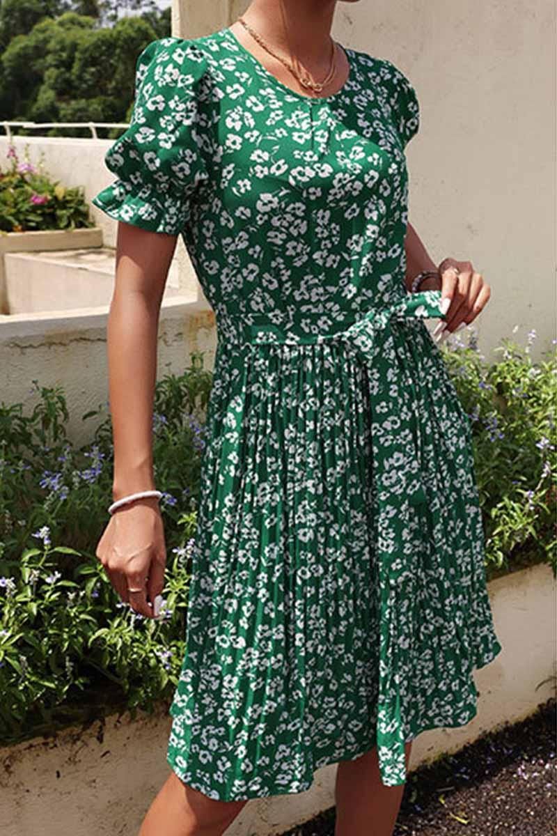 FRORAL TIED WAIST PLEATED PUFF SHOULDER DRESS - Doublju