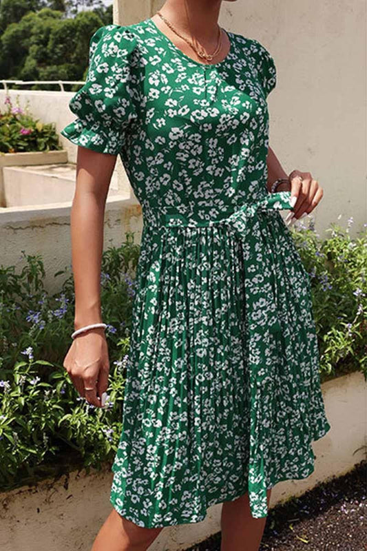 FRORAL TIED WAIST PLEATED PUFF SHOULDER DRESS - Doublju