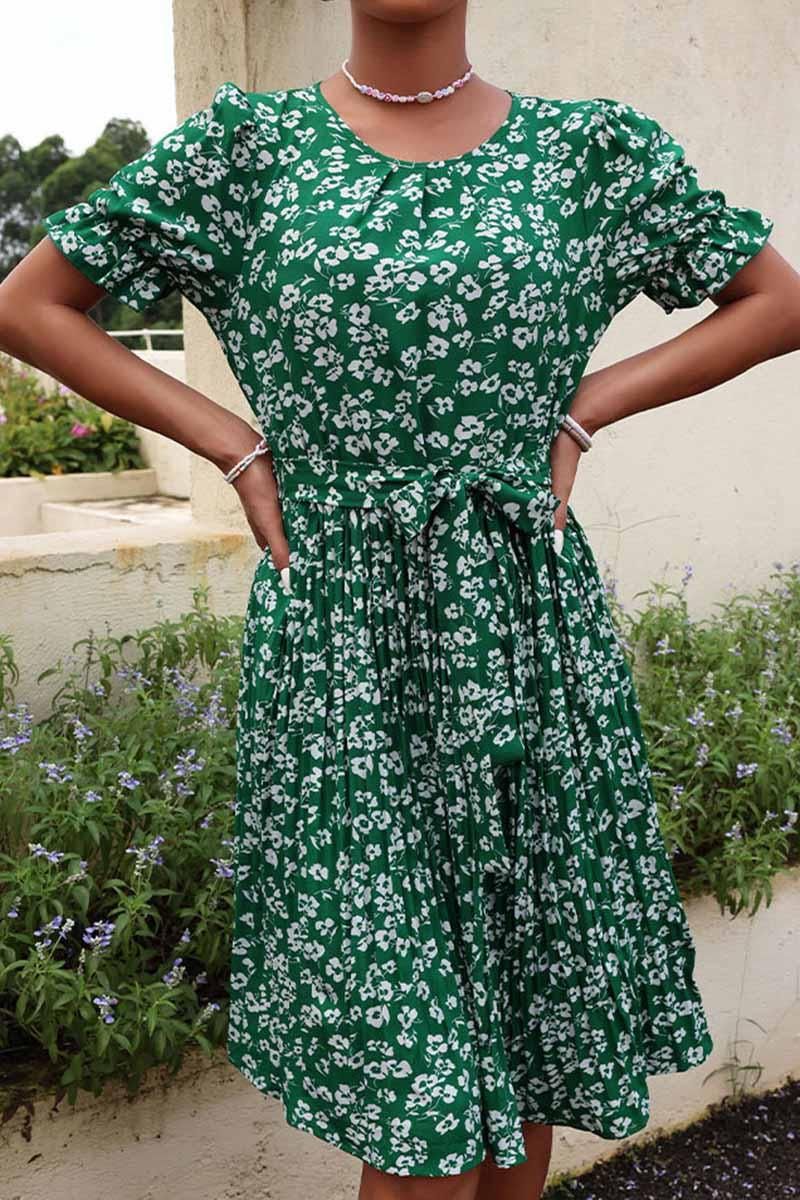 FRORAL TIED WAIST PLEATED PUFF SHOULDER DRESS - Doublju