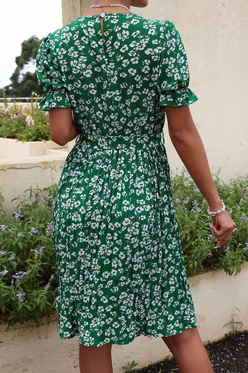 FRORAL TIED WAIST PLEATED PUFF SHOULDER DRESS - Doublju