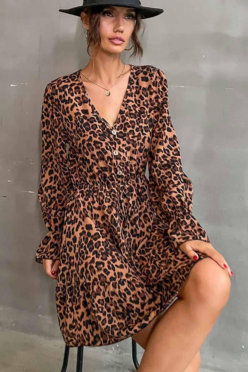 V NECK LEOPARD PRINT SHORT DRESS - Doublju