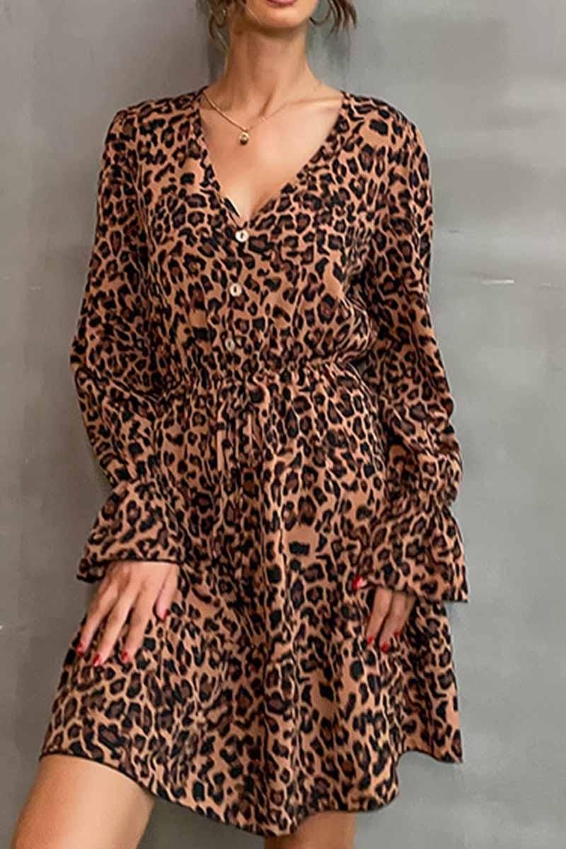 V NECK LEOPARD PRINT SHORT DRESS - Doublju