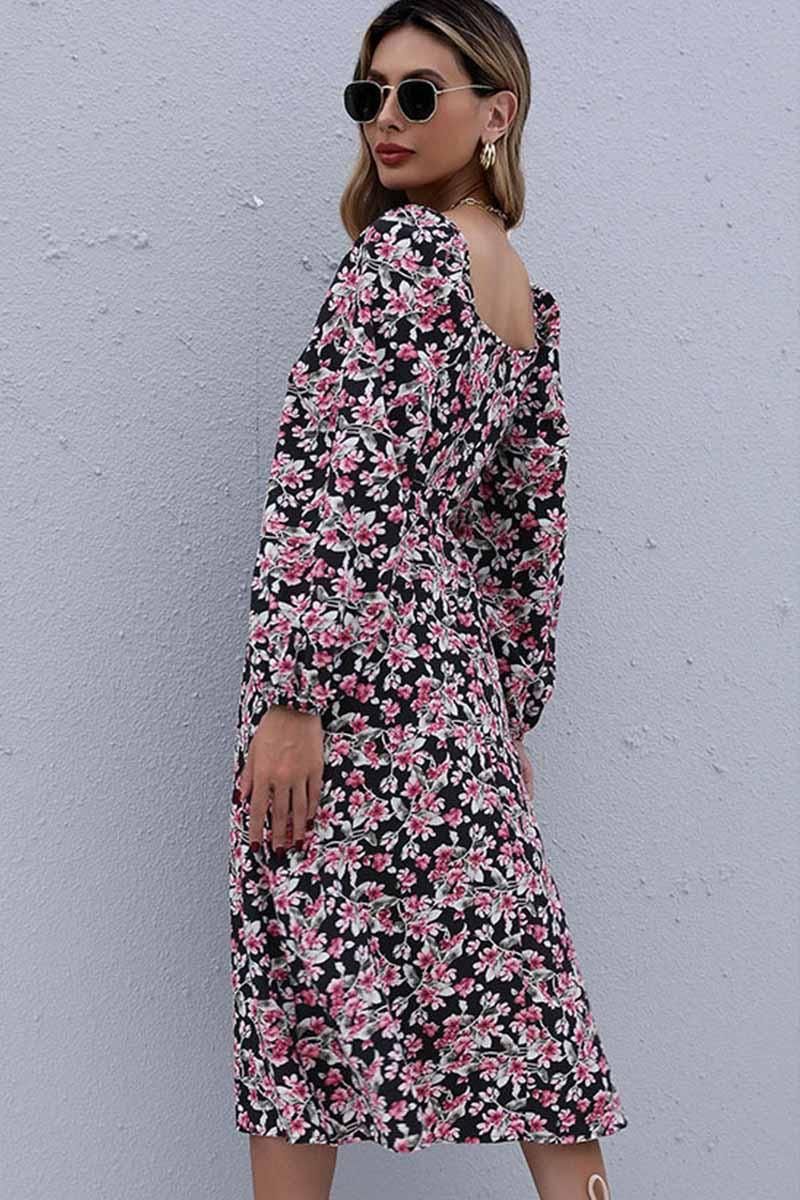 FLORAL SQUARE NECK FRILL MIDI DRESS - Doublju