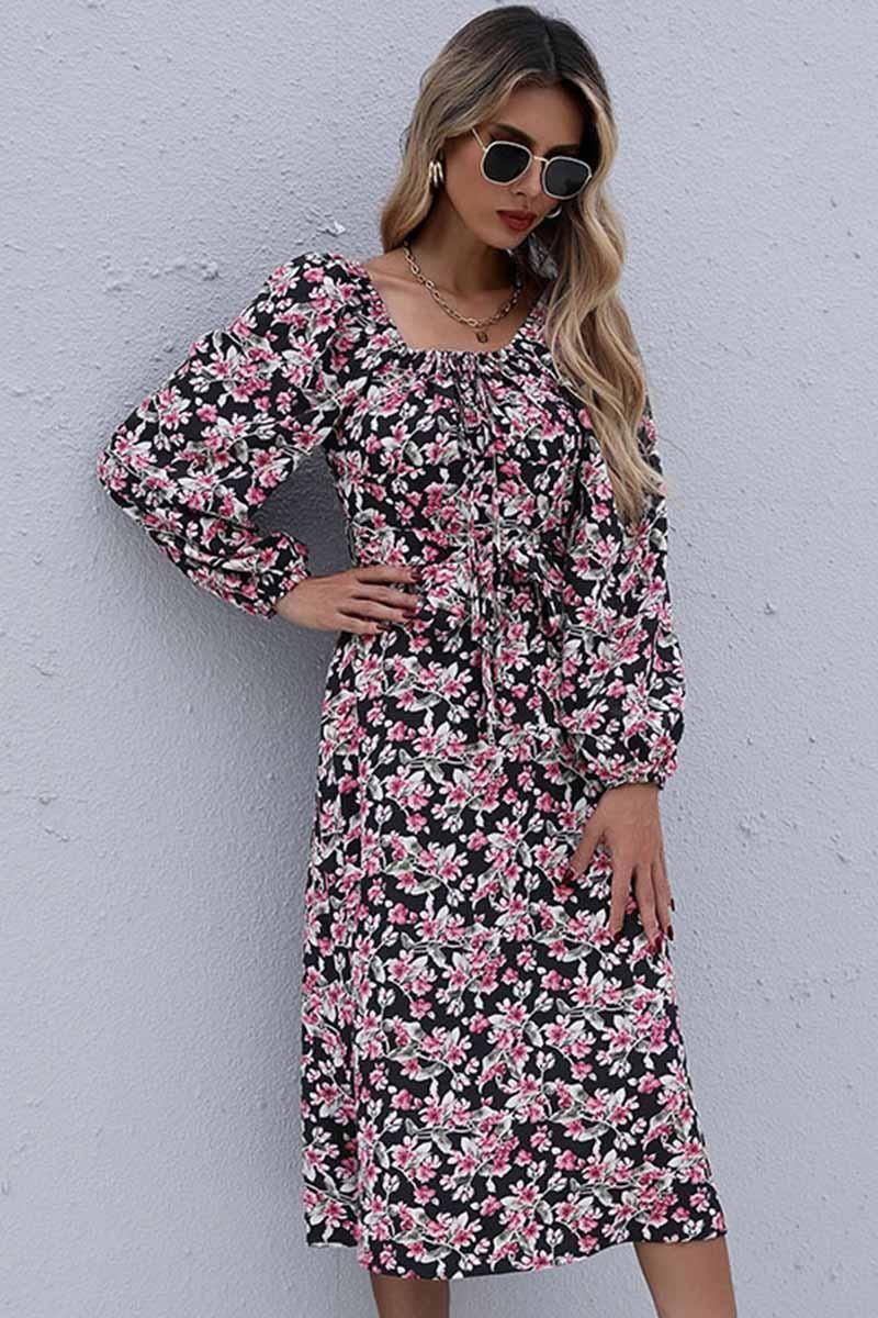 FLORAL SQUARE NECK FRILL MIDI DRESS - Doublju