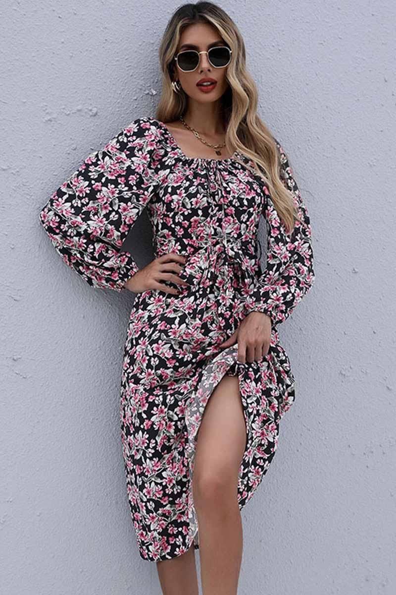 FLORAL SQUARE NECK FRILL MIDI DRESS - Doublju