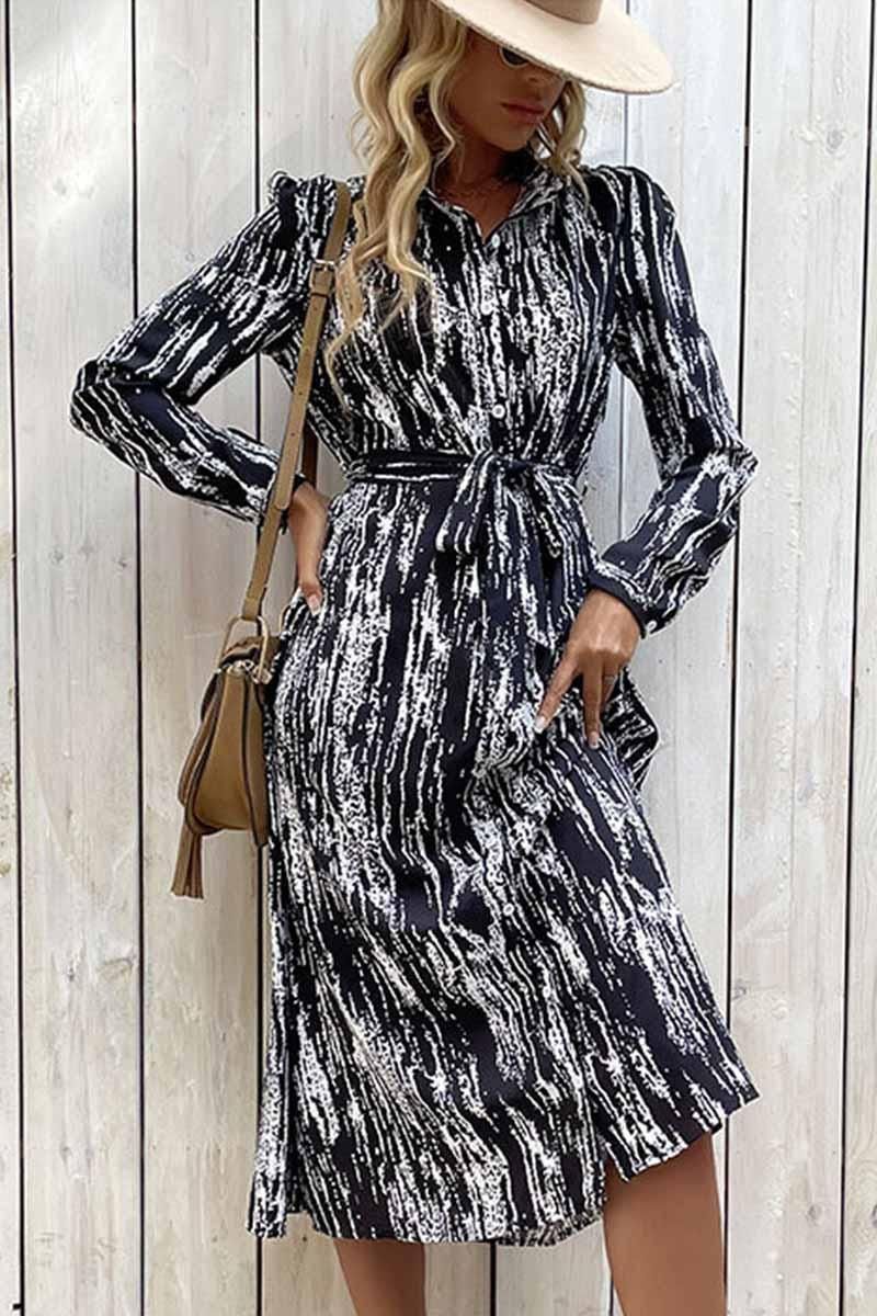LONG SLEEVED PRINTED LAPEL SPRING DRESS - Doublju