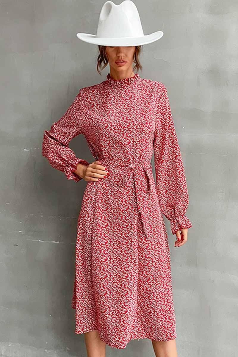 FLORAL HIGH NECK FRILL RIBBED LONGSLEEVE DRESS - Doublju