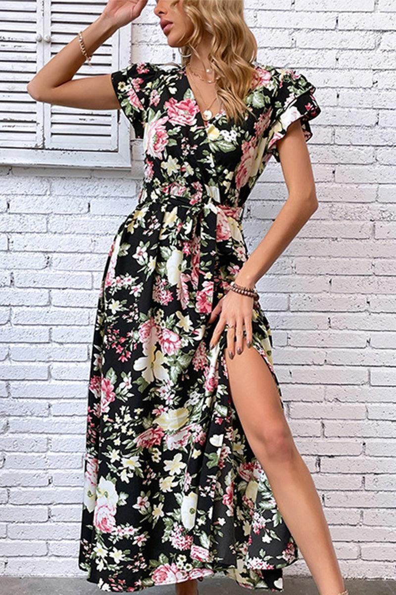 FLORAL RUFFLED SLEEVES CROSS OVER TIED MAXI DRESS - Doublju