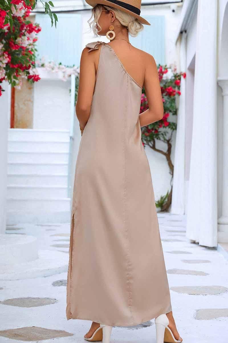 SLANTED RIBBON POINT SHOULDER MAXI SLIT DRESS - Doublju