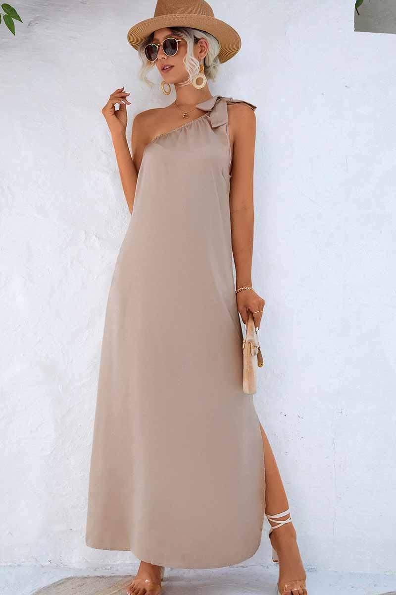 SLANTED RIBBON POINT SHOULDER MAXI SLIT DRESS - Doublju