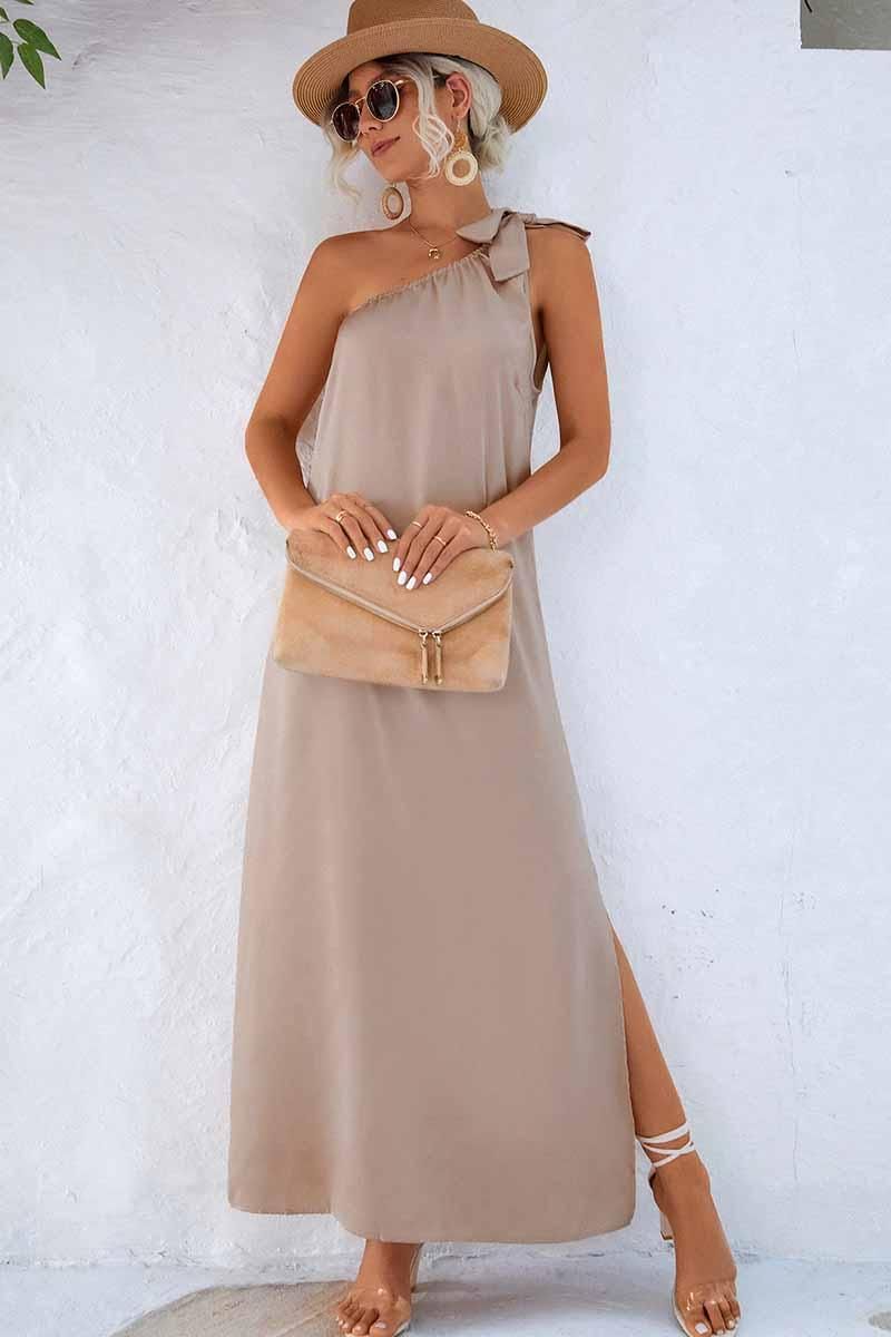 SLANTED RIBBON POINT SHOULDER MAXI SLIT DRESS - Doublju