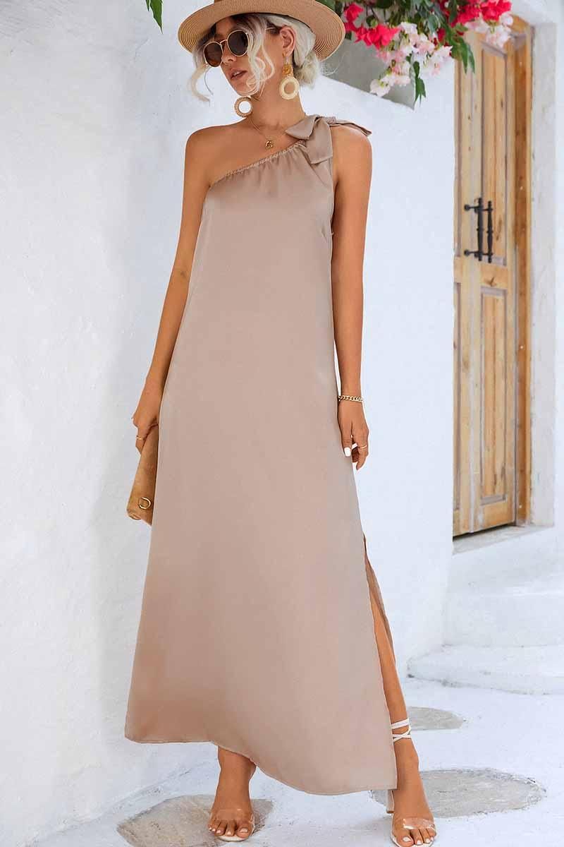 SLANTED RIBBON POINT SHOULDER MAXI SLIT DRESS - Doublju
