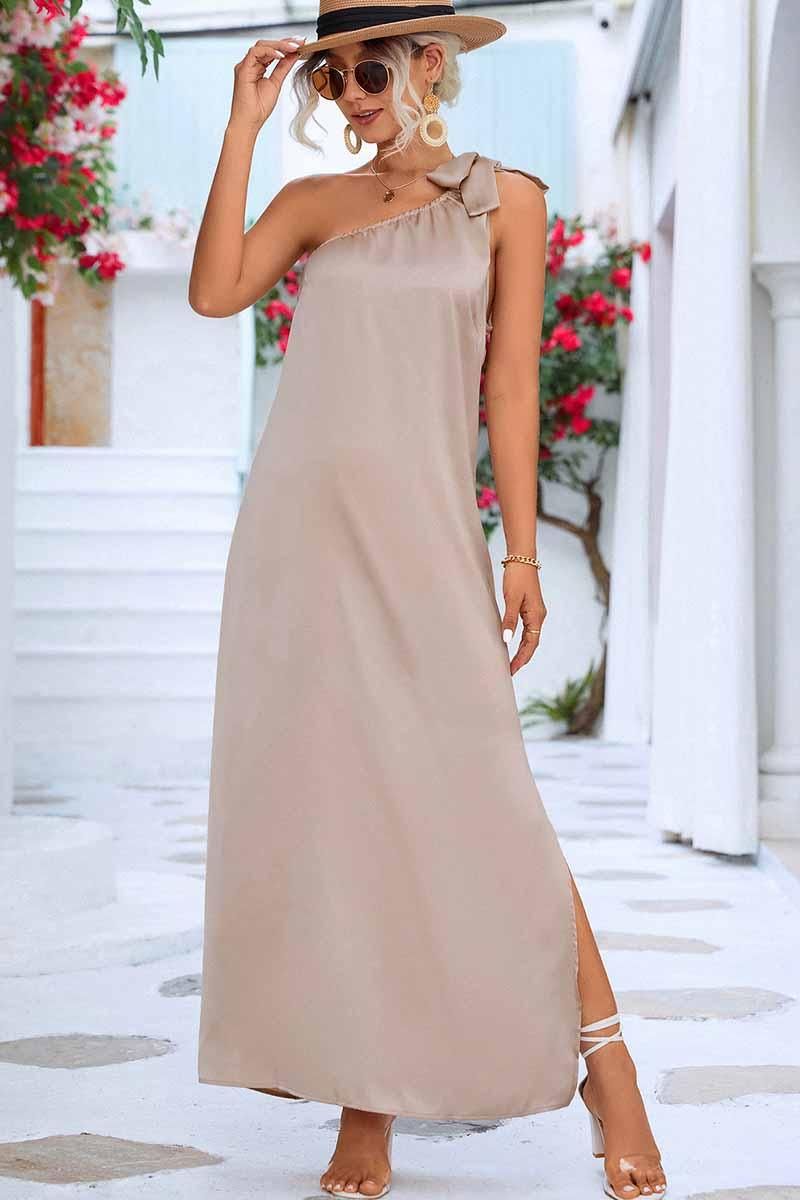 SLANTED RIBBON POINT SHOULDER MAXI SLIT DRESS - Doublju