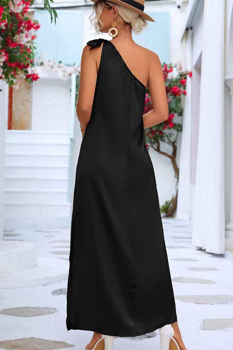SLANTED RIBBON POINT SHOULDER MAXI SLIT DRESS - Doublju