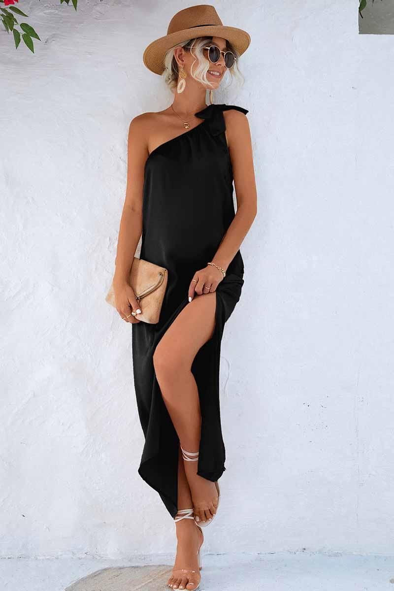 SLANTED RIBBON POINT SHOULDER MAXI SLIT DRESS - Doublju
