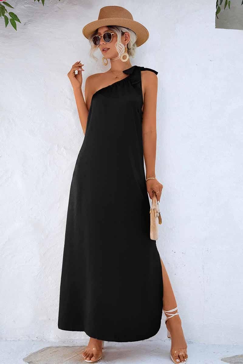 SLANTED RIBBON POINT SHOULDER MAXI SLIT DRESS - Doublju