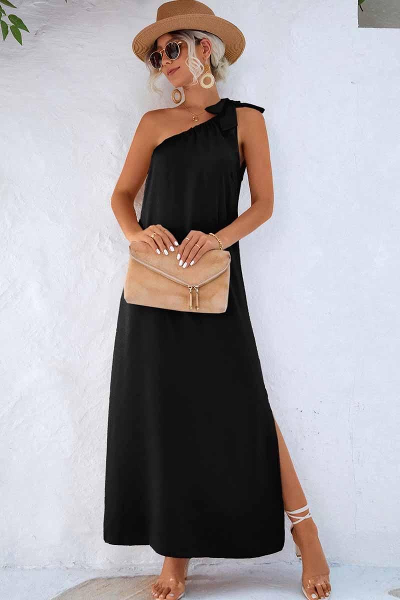 SLANTED RIBBON POINT SHOULDER MAXI SLIT DRESS - Doublju