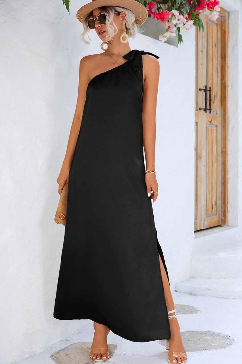 SLANTED RIBBON POINT SHOULDER MAXI SLIT DRESS - Doublju
