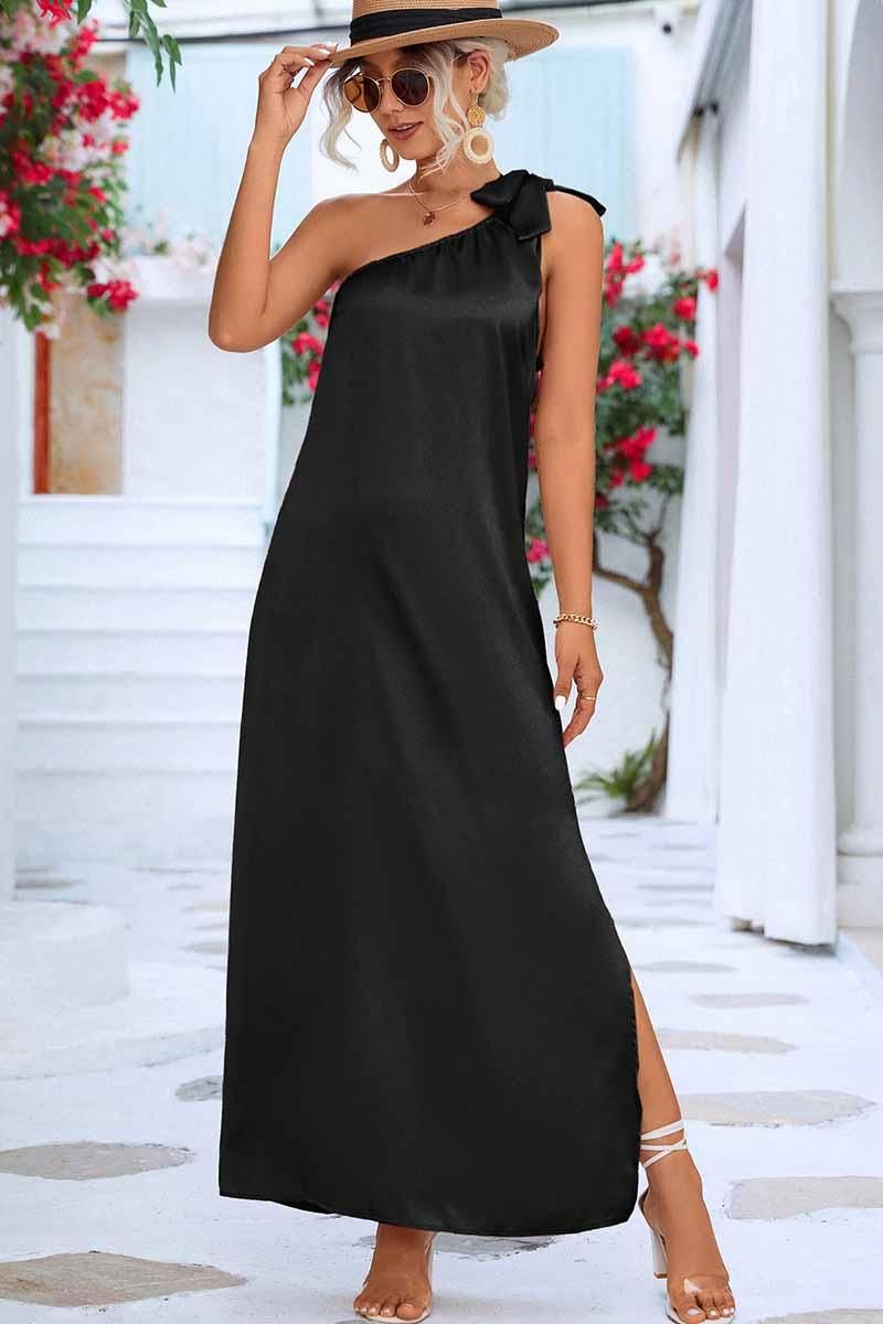 SLANTED RIBBON POINT SHOULDER MAXI SLIT DRESS - Doublju