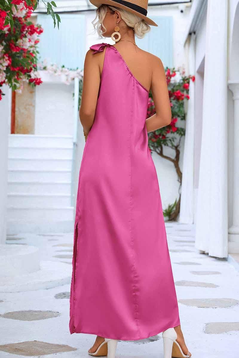 SLANTED RIBBON POINT SHOULDER MAXI SLIT DRESS - Doublju