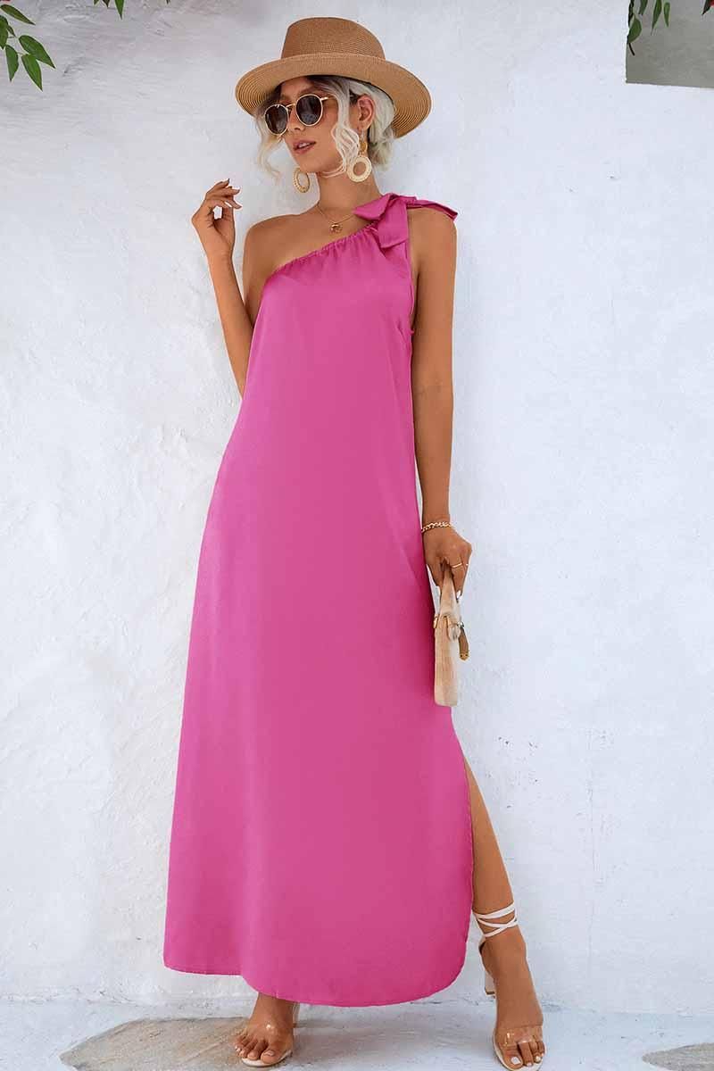 SLANTED RIBBON POINT SHOULDER MAXI SLIT DRESS - Doublju