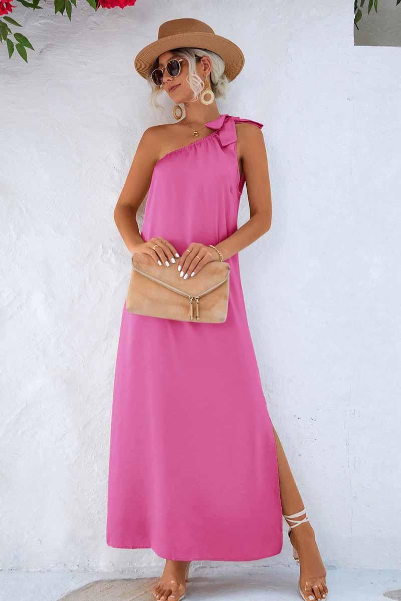 SLANTED RIBBON POINT SHOULDER MAXI SLIT DRESS - Doublju