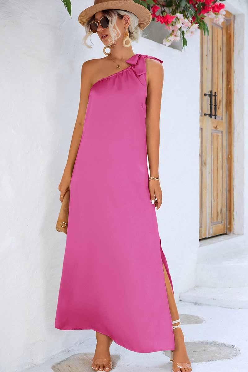 SLANTED RIBBON POINT SHOULDER MAXI SLIT DRESS - Doublju