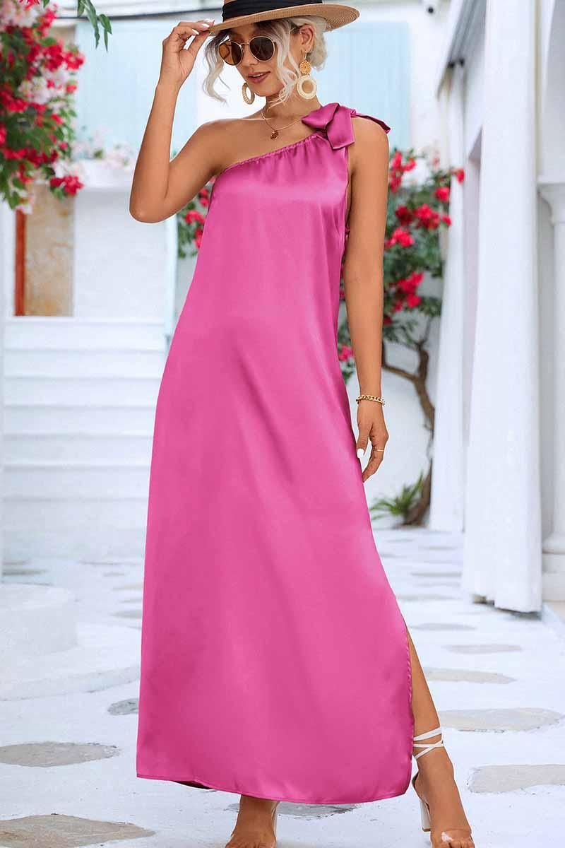 SLANTED RIBBON POINT SHOULDER MAXI SLIT DRESS - Doublju