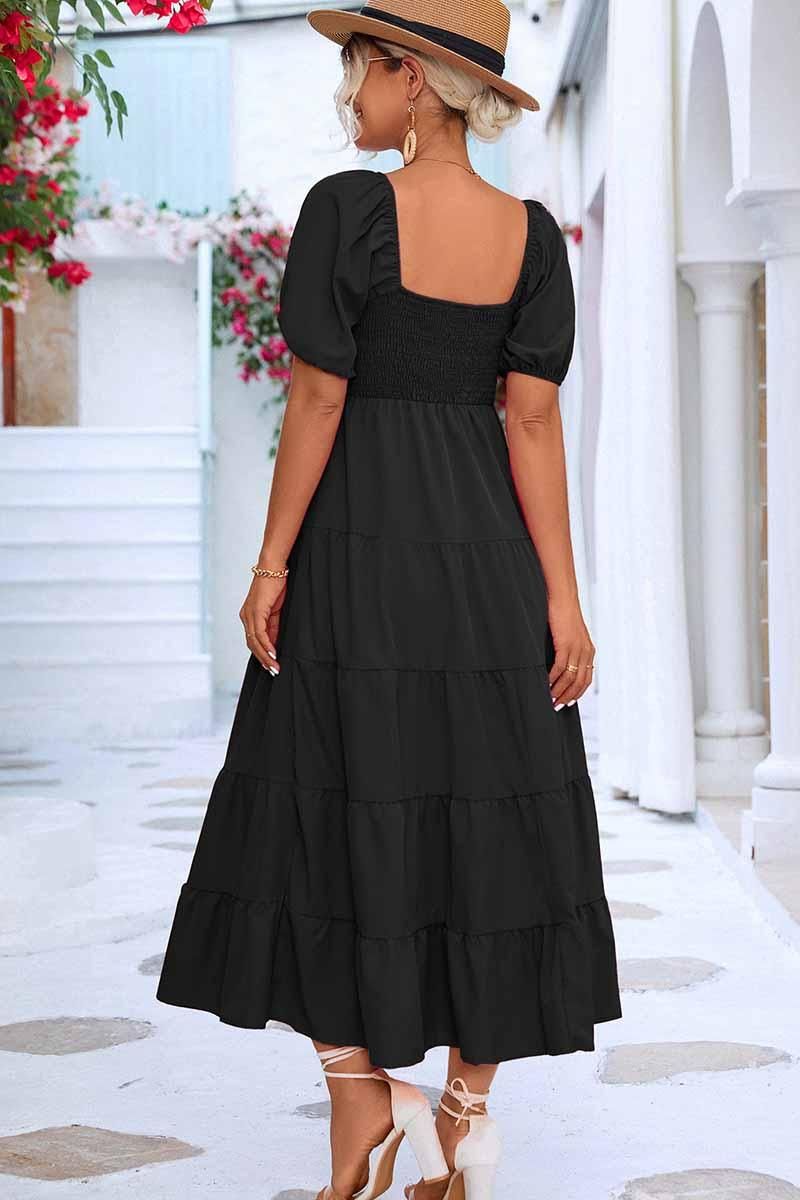 SQUARE NECK PUFF WRINKLE CHEST CAKE MAXI DRESS - Doublju