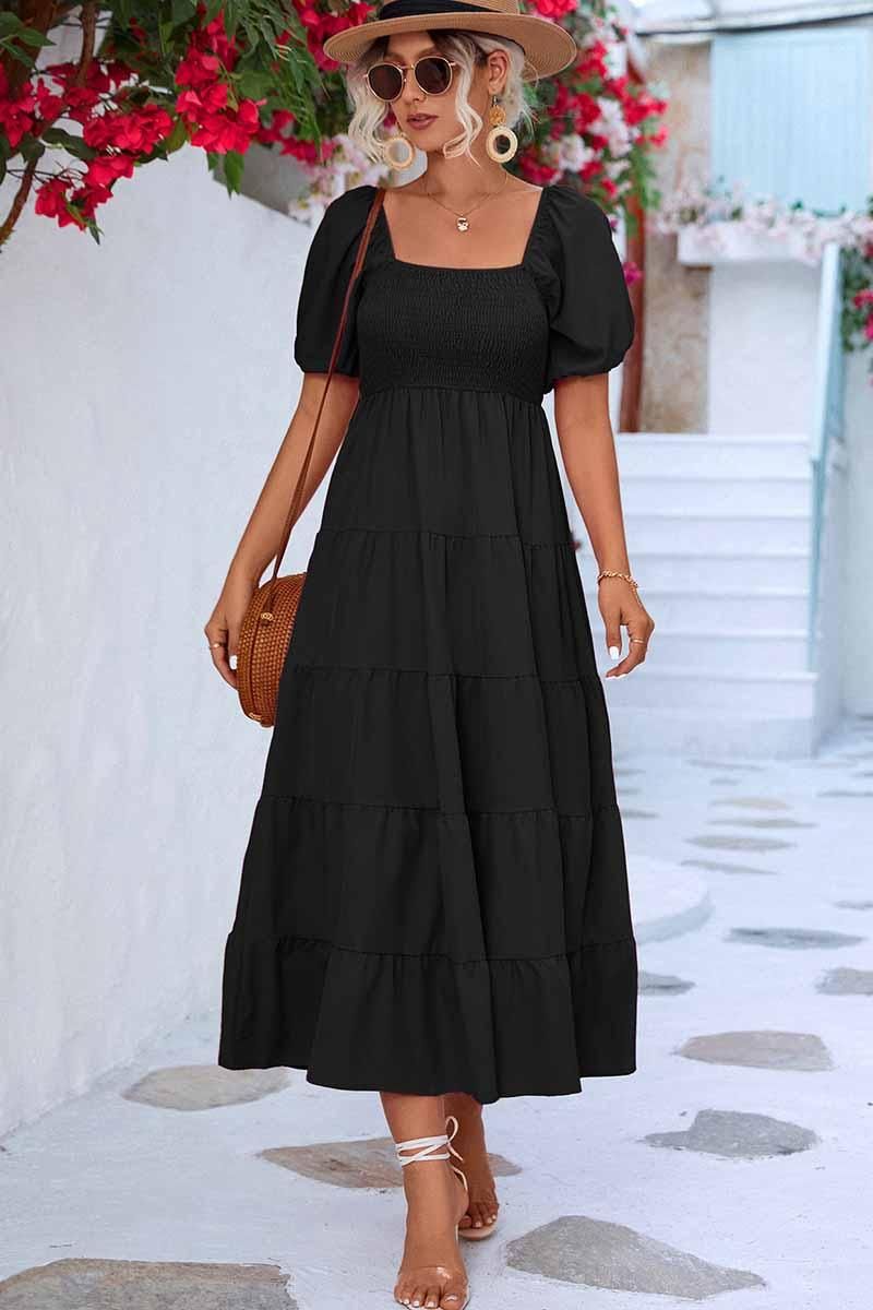 SQUARE NECK PUFF WRINKLE CHEST CAKE MAXI DRESS - Doublju