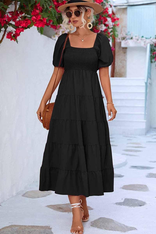 SQUARE NECK PUFF WRINKLE CHEST CAKE MAXI DRESS - Doublju