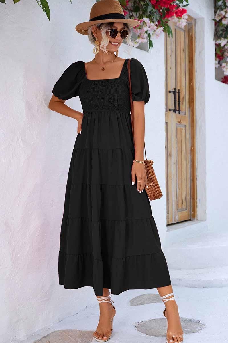 SQUARE NECK PUFF WRINKLE CHEST CAKE MAXI DRESS - Doublju