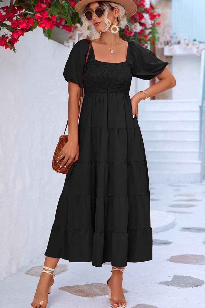 SQUARE NECK PUFF WRINKLE CHEST CAKE MAXI DRESS - Doublju