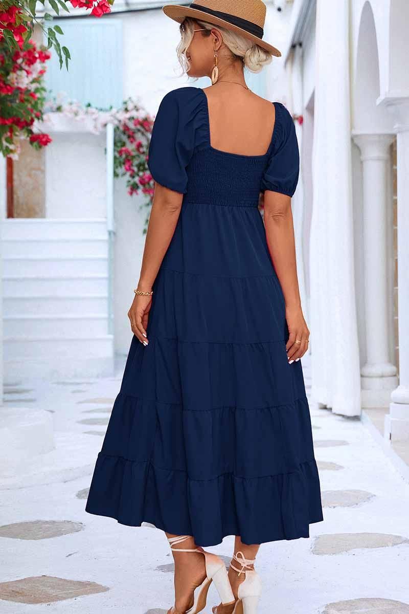 SQUARE NECK PUFF WRINKLE CHEST CAKE MAXI DRESS - Doublju
