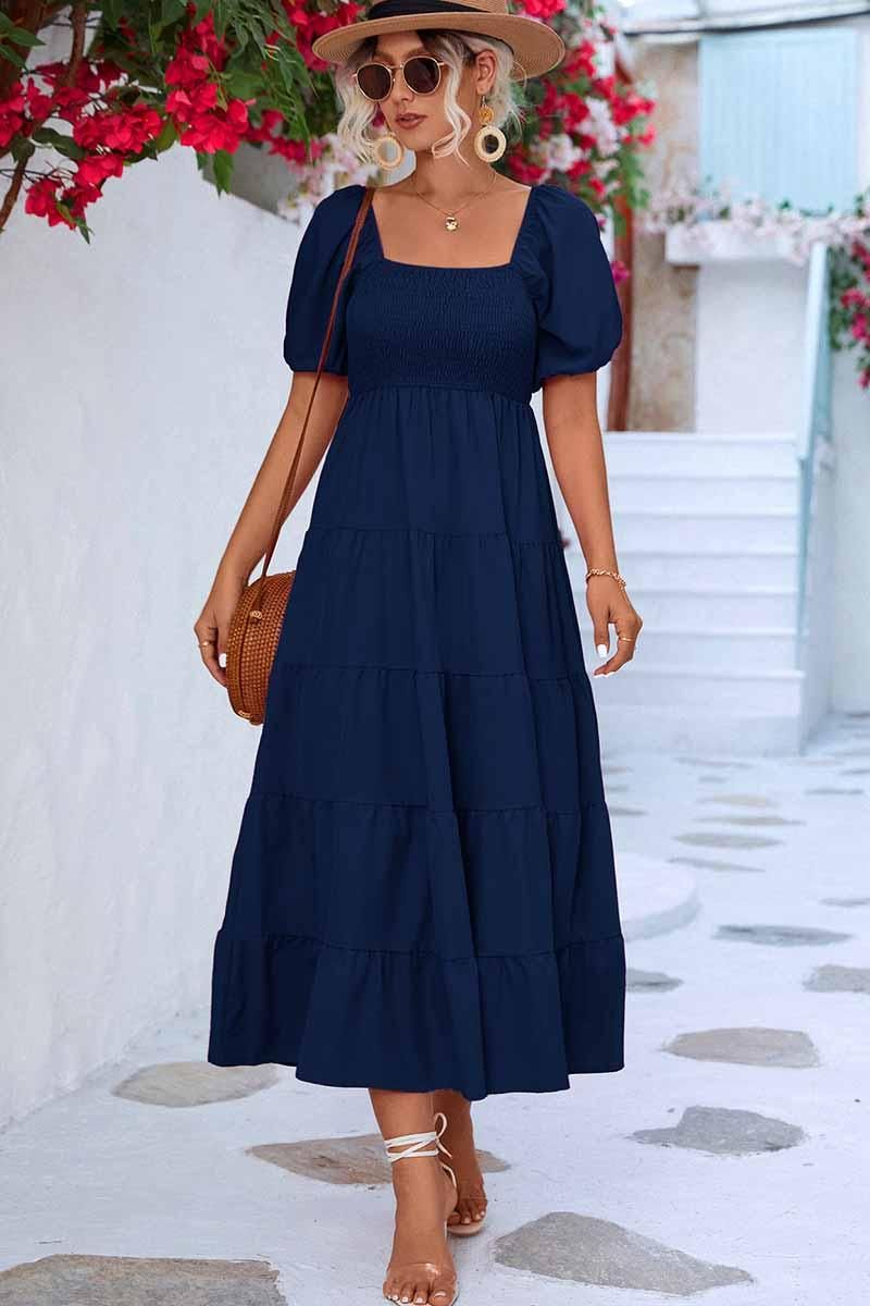 SQUARE NECK PUFF WRINKLE CHEST CAKE MAXI DRESS - Doublju