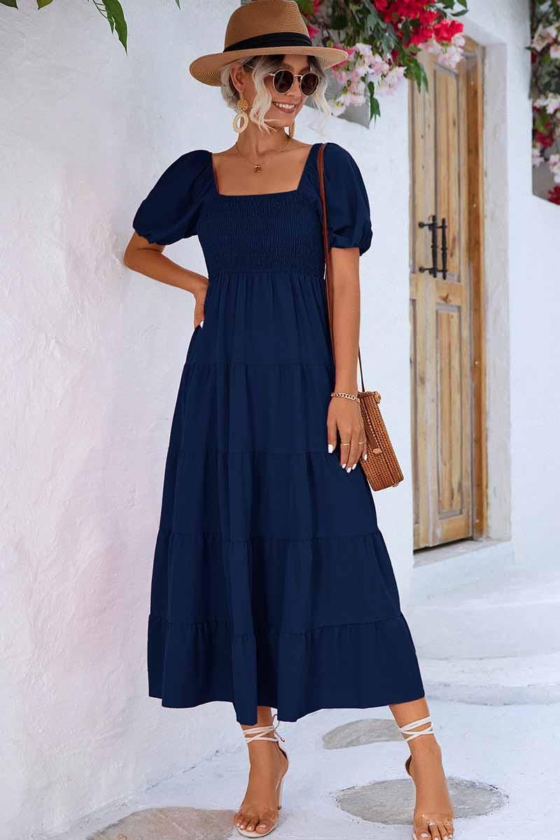 SQUARE NECK PUFF WRINKLE CHEST CAKE MAXI DRESS - Doublju