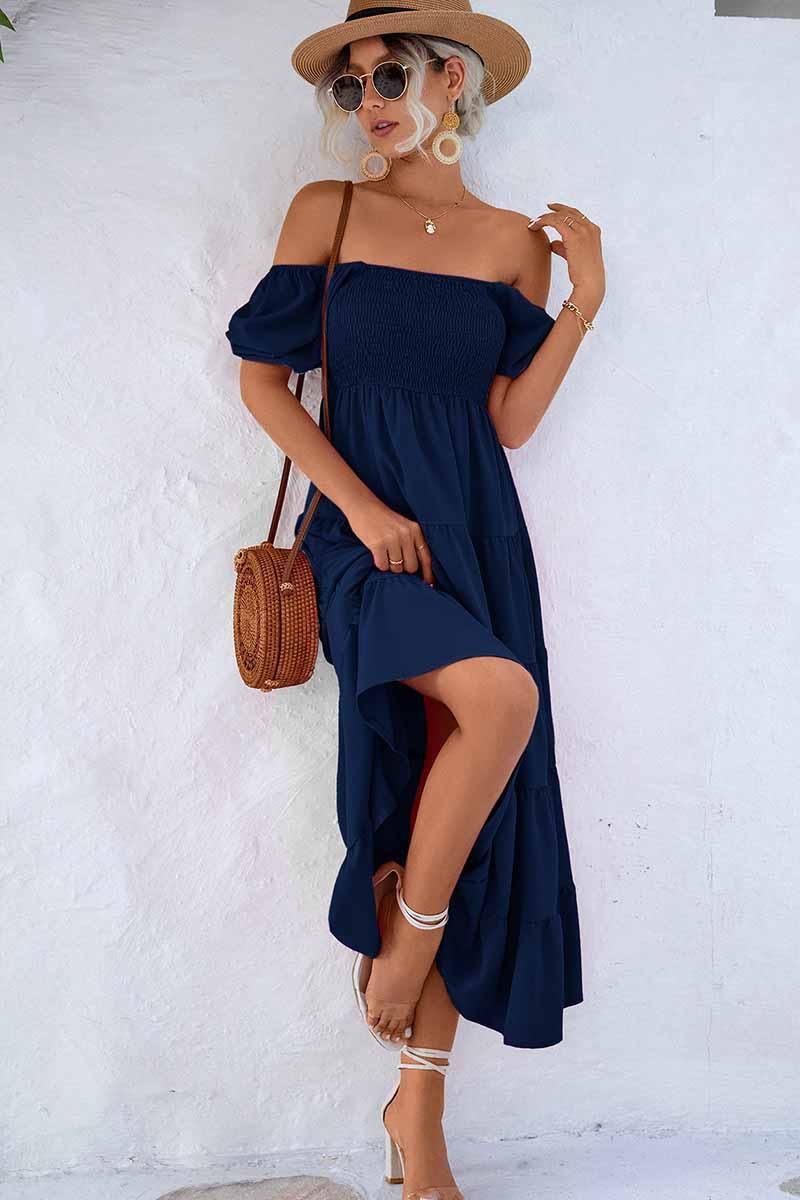 SQUARE NECK PUFF WRINKLE CHEST CAKE MAXI DRESS - Doublju