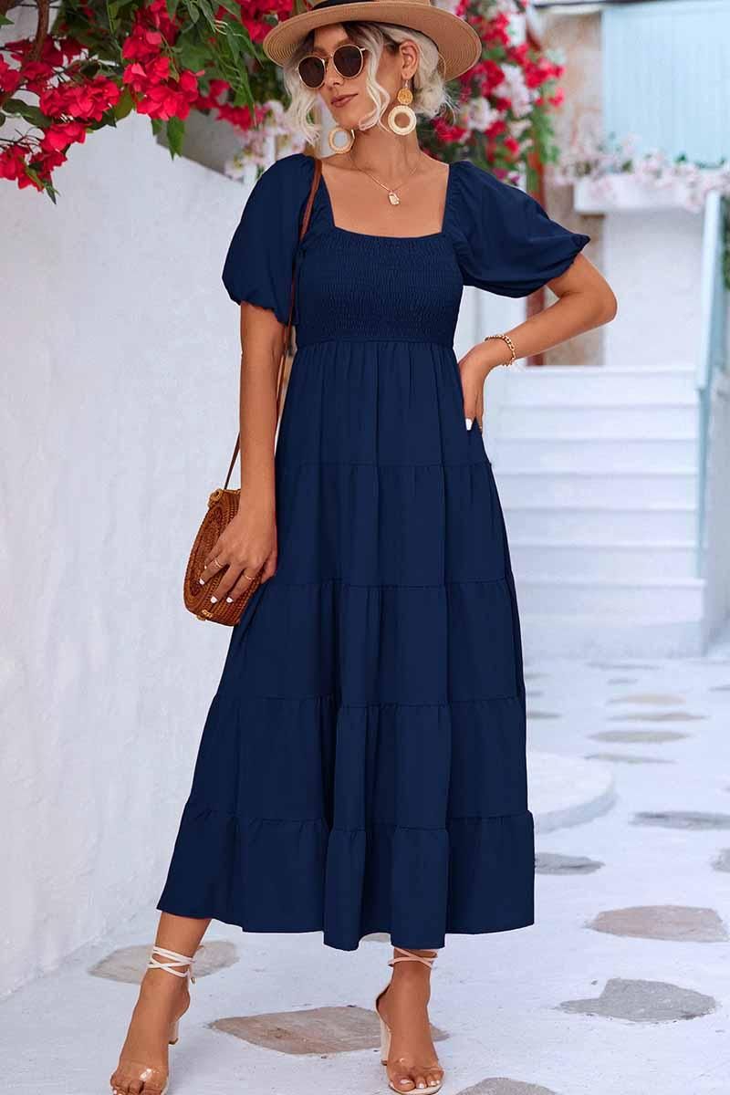 SQUARE NECK PUFF WRINKLE CHEST CAKE MAXI DRESS - Doublju