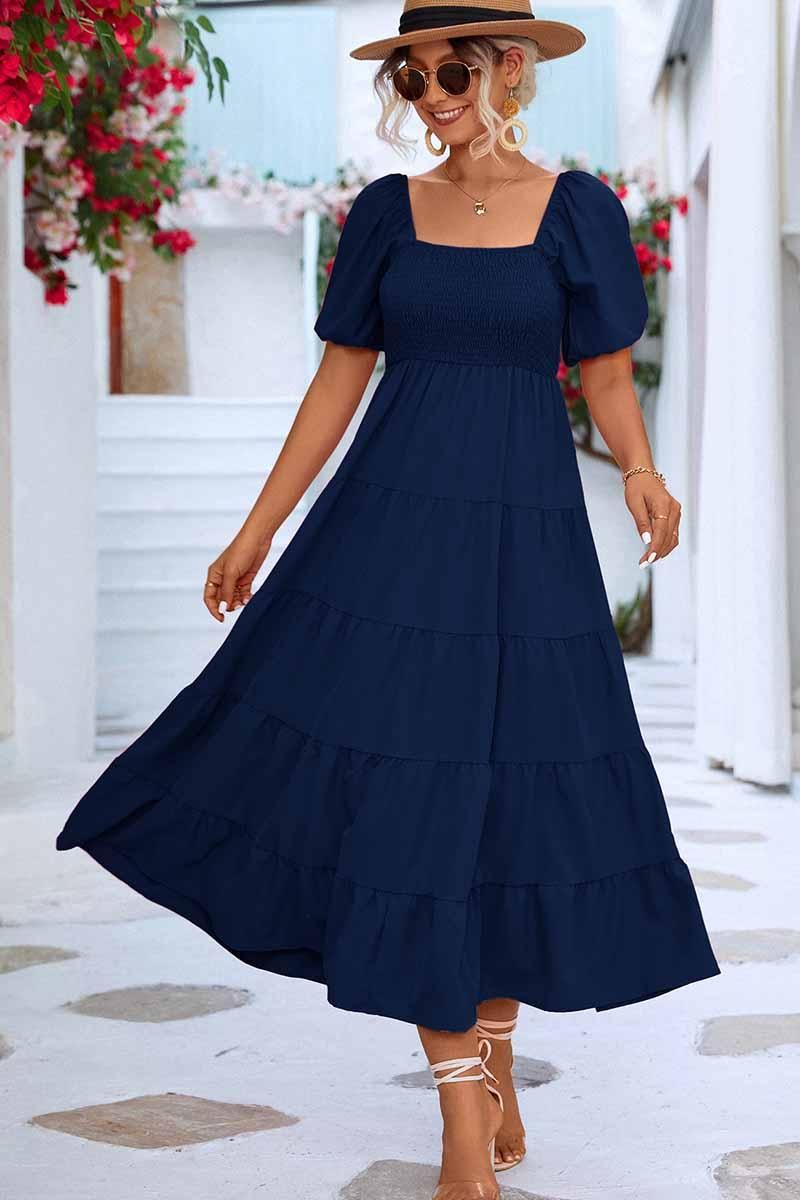 SQUARE NECK PUFF WRINKLE CHEST CAKE MAXI DRESS - Doublju