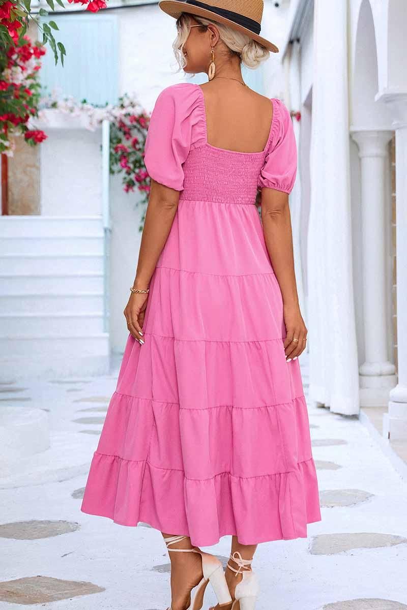 SQUARE NECK PUFF WRINKLE CHEST CAKE MAXI DRESS - Doublju