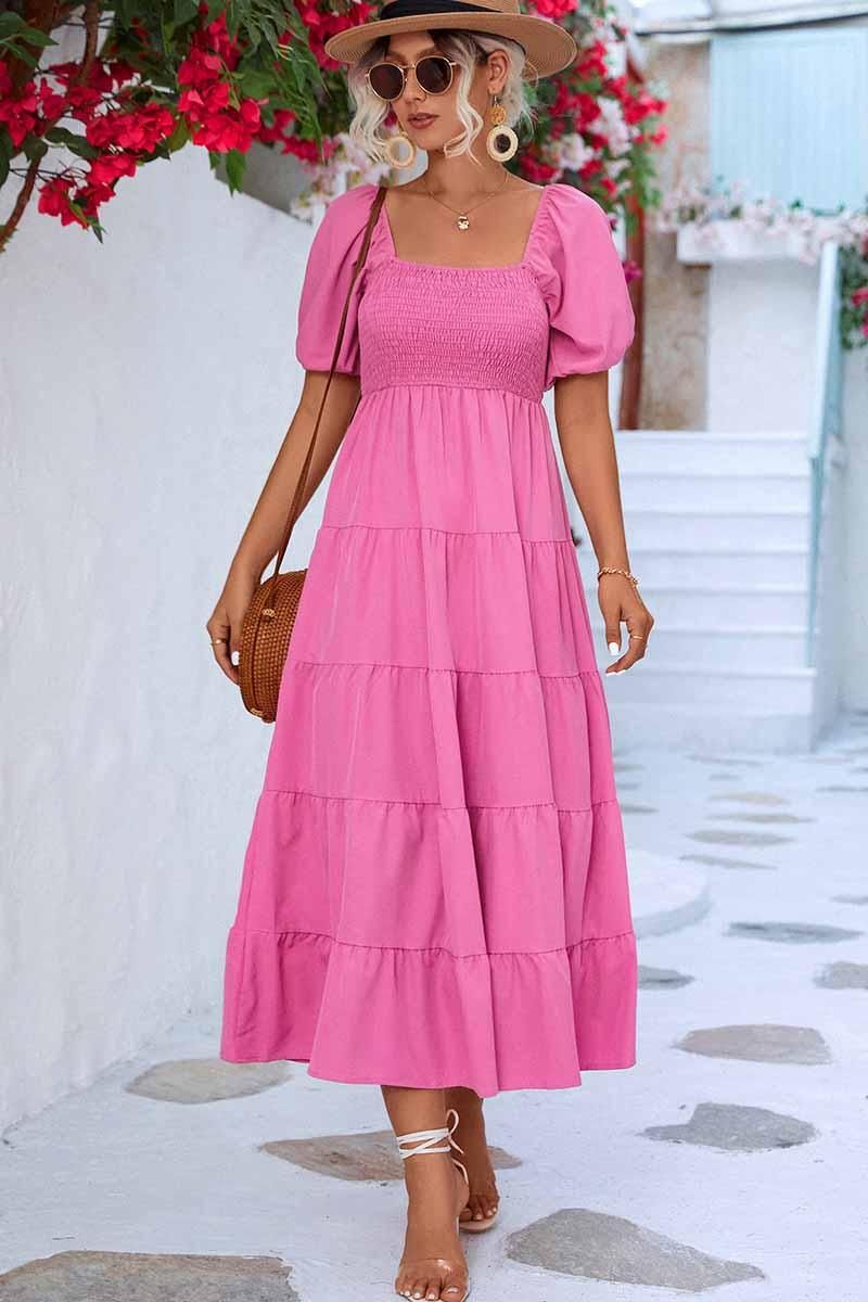 SQUARE NECK PUFF WRINKLE CHEST CAKE MAXI DRESS - Doublju