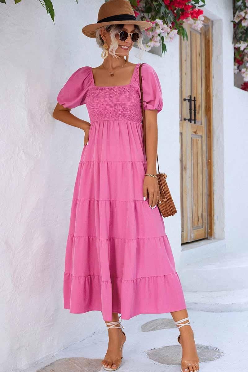 SQUARE NECK PUFF WRINKLE CHEST CAKE MAXI DRESS - Doublju