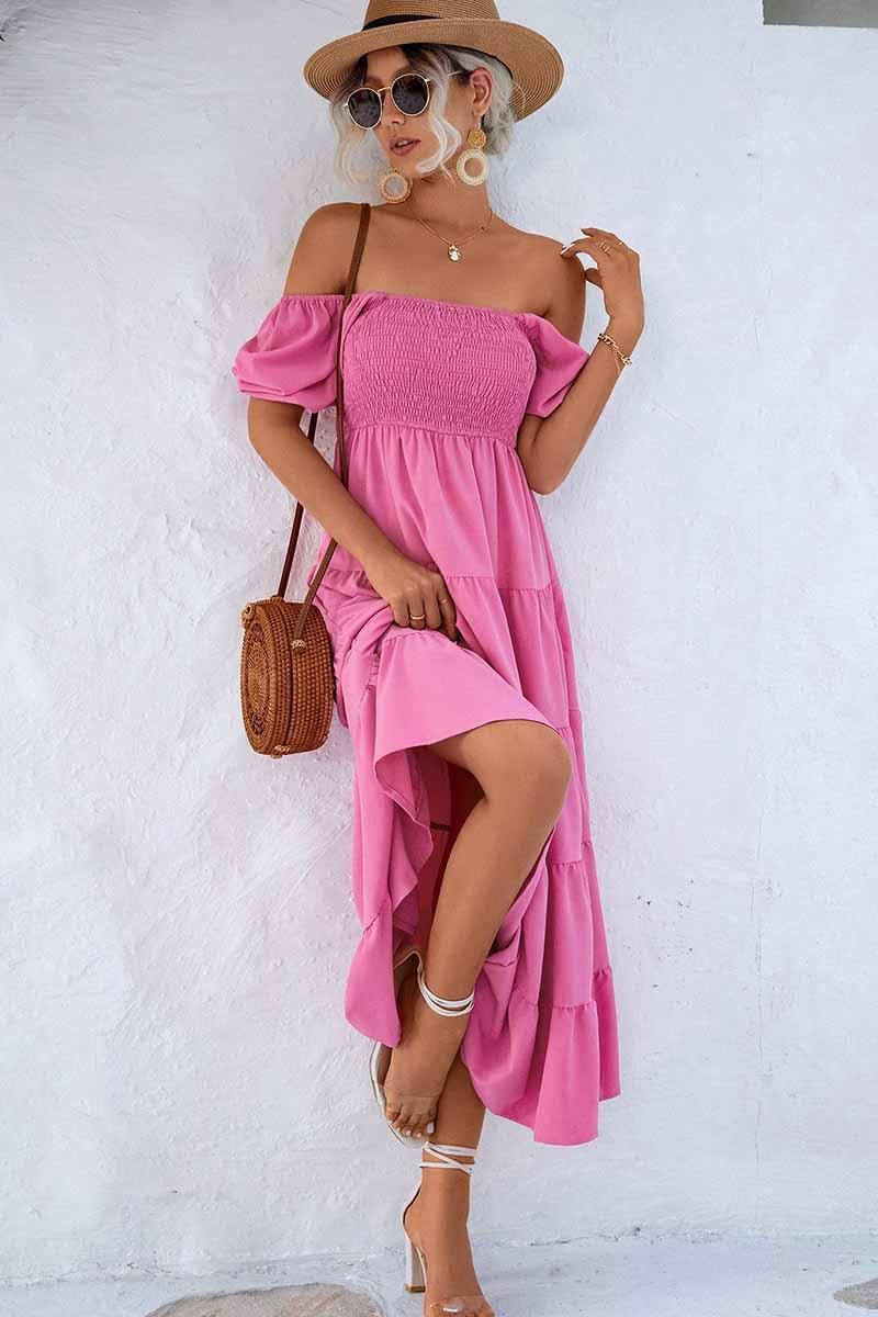 SQUARE NECK PUFF WRINKLE CHEST CAKE MAXI DRESS - Doublju